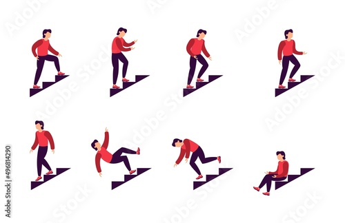 man walking up stairs, isolated silhouettes of people on steps, falling from stairs illustration, flat vector design