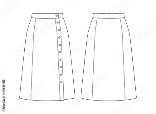 Fashion technical drawing of A-line skirt with front buttons. Fashion flat sketch.