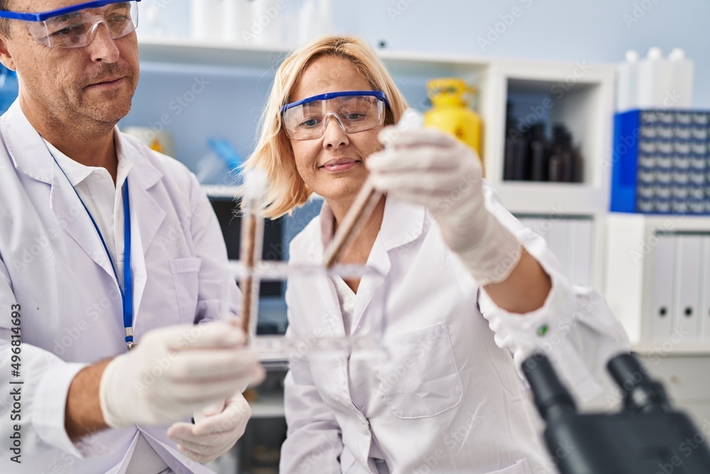 Middle age man and woman scientist partners holding test tube working at laboratory Middle age man and woman scientist partners holding test tube working at laboratory