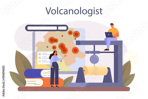 Volcanologist concept. Geologist studying the processes and activity