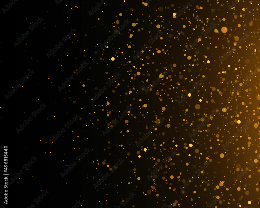 Golden confetti and glitter texture on a black background.