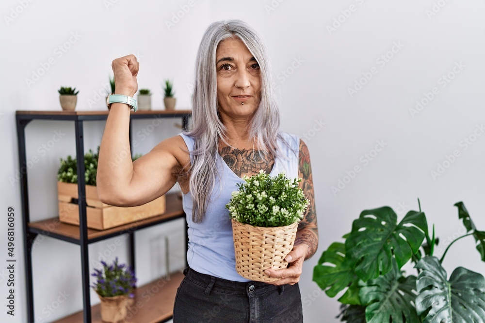 Middle Age Grey Haired Woman Holding Green Plant Pot Home Stock