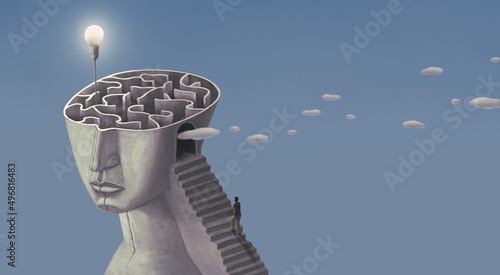Concept idea of brain maze inspiration success thinking and creativity. surreal art. conceptual 3d illustration. Light bulb in labyrinth. photo