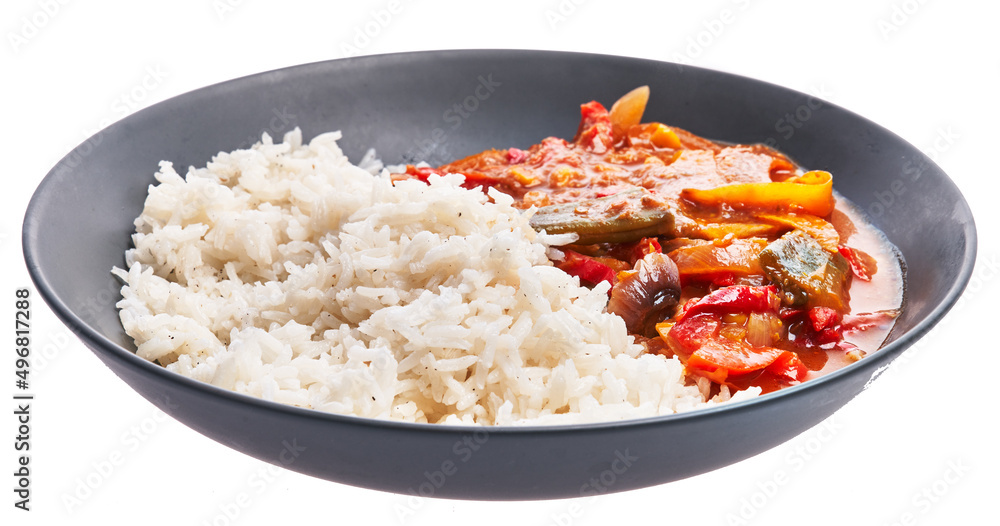Plate of delicious rice and vegetables tomato sauce over white isolated background Plate of delicious rice and vegetables tomato sauce over white isolated background