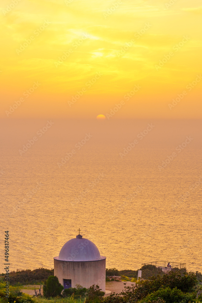 Sunset view of Holy Family Chapel, and Mediterranean Sea, Haifa