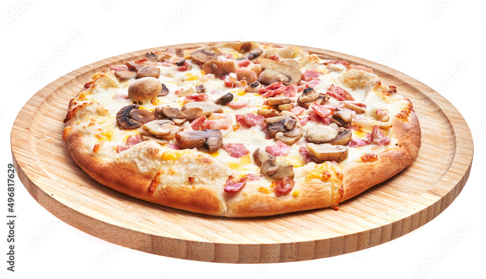 Wooden plate of italian carbonara pizza over white isolated background Wooden plate of italian carbonara pizza over white isolated background