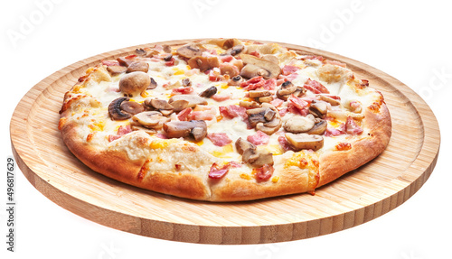  Wooden plate of italian carbonara pizza over white isolated background
