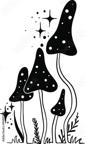 Abstract mystical image of wild poisonous witch mushrooms. cosmic moon phases and rituals.