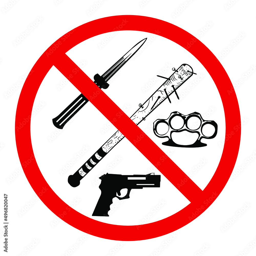 Red forbidding sign on a white background,weapons brass knuckles knives