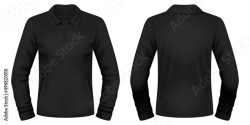 Blank black polo long sleeve shirt template. Front and back views. Vector illustration.