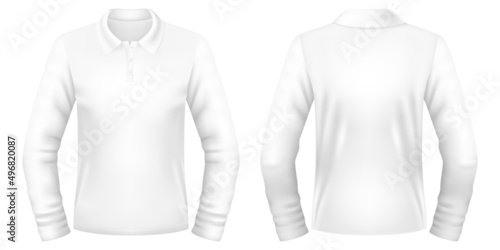Blank white polo long sleeve shirt template. Front and back views. Vector illustration.