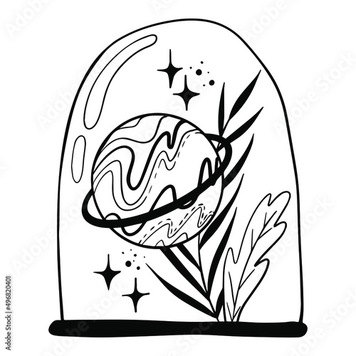 Vector line drawing. Mushrooms under a glass cap.