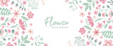 Floral background. Cute frame with hand drawn blooming flowers and leaves. Vector illustration on white backgroundd