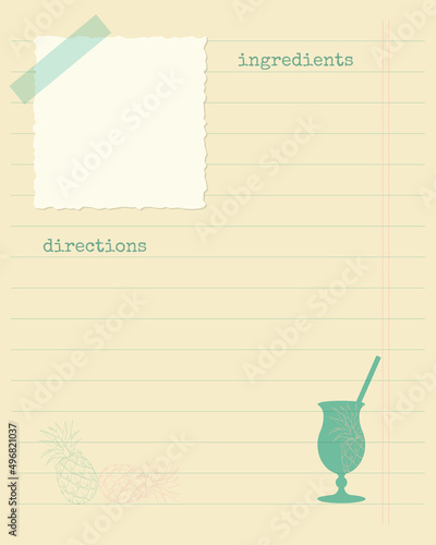 Recipe template blank vintage collage with pineapple and cocktail for notes. Vector illustration