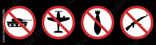 Red Stop Sign Military Weapon Glyph Pictogram Collection. No War Symbol Silhouette Icon Set. No Army Only Peace Symbol. Warning Tank, War Plane, Nuclear Bomb, AK 47 Icon. Isolated Vector Illustration