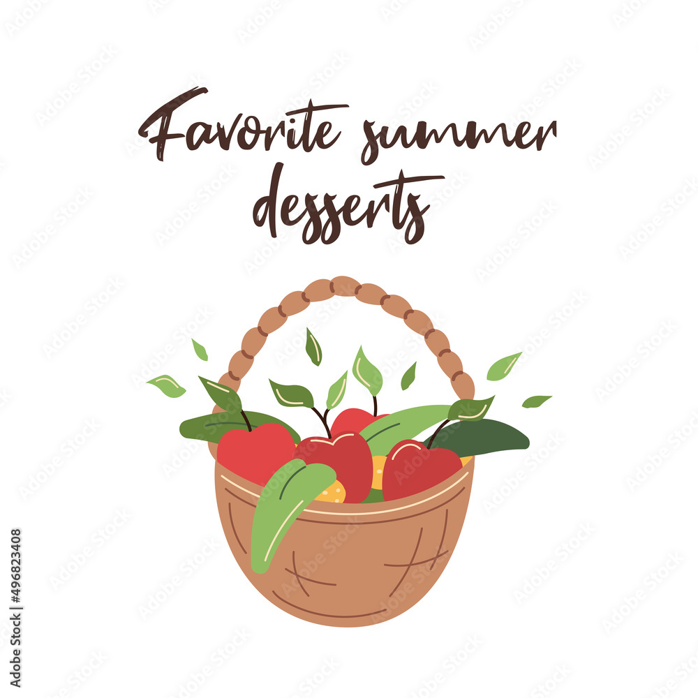 Fototapeta premium Postcard favorite summer desserts. Basket with fruit, apples. White background