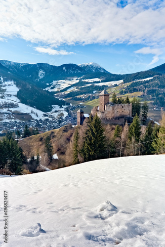Reinegg castle and Sarentino valley. Bolzano province, Trentino Alto-Adige, Italy, Europe. 