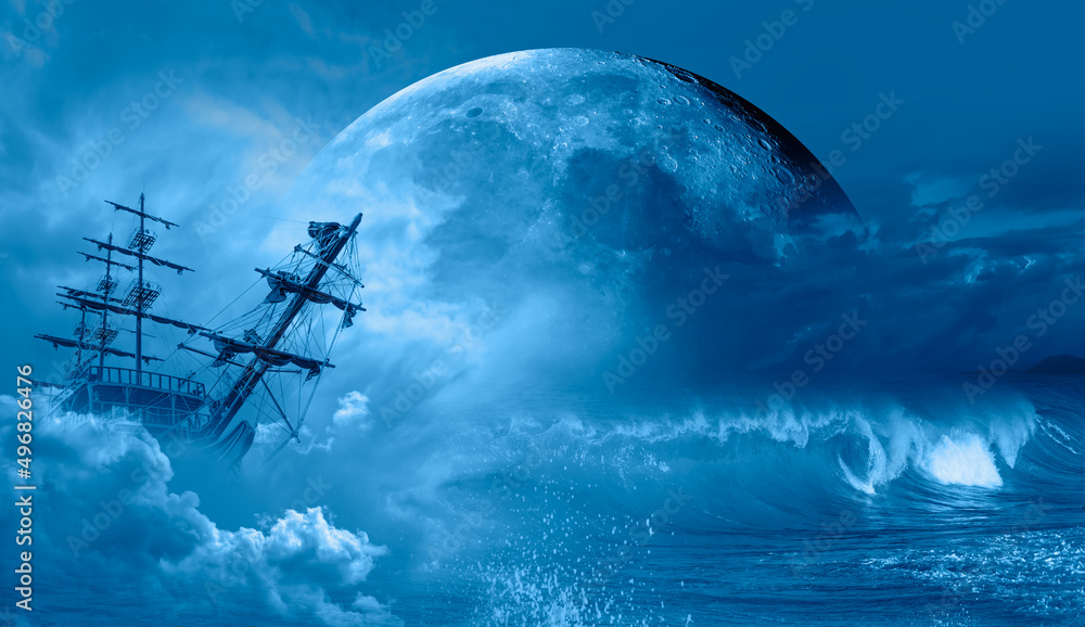 Poster Sailing old ship in storm sea - Night sky with moon in the ...