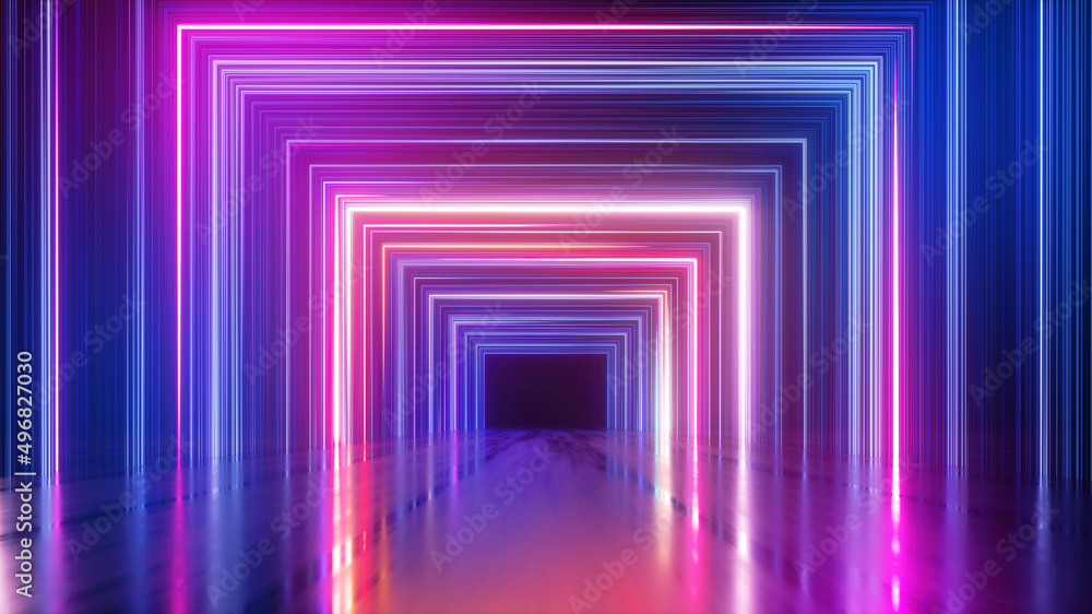 Fototapeta premium 3d render, abstract neon background with colorful lines, square geometric shape