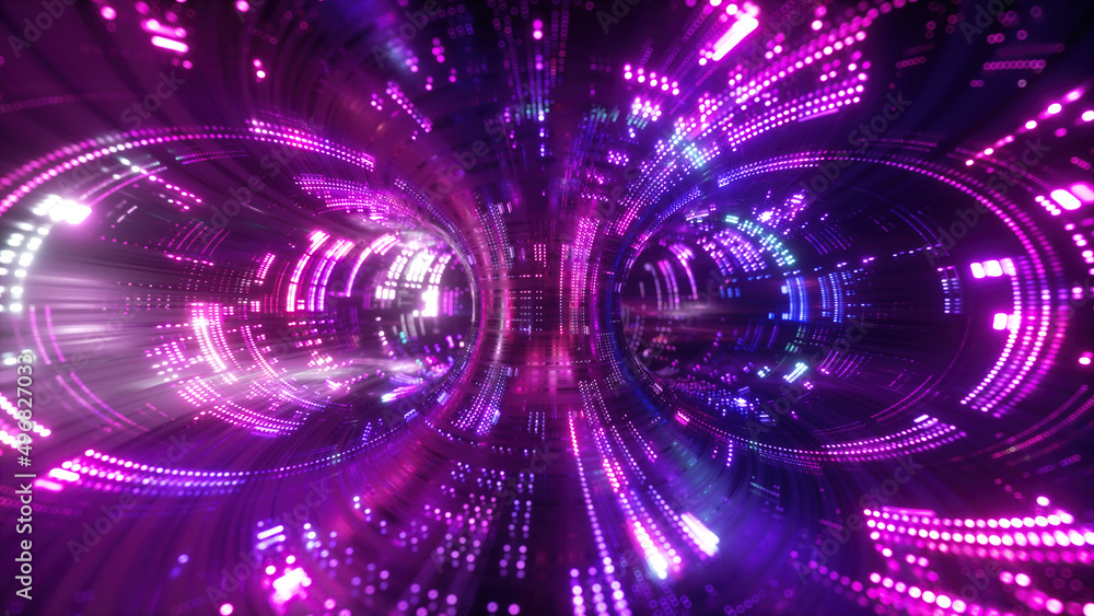 3d render, abstract virtual reality background with neon fluorescent lines glowing in ultraviolet light. Fantastic high tech wallpaper - obrazy, fototapety, plakaty 