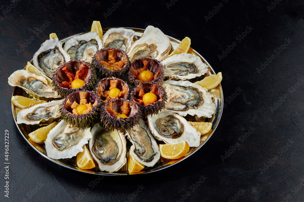 Top view of seafood platter: shellfish, oysters, sea urchin and balsamic sauce Top view of seafood platter: shellfish, oysters, sea urchin and balsamic sauce