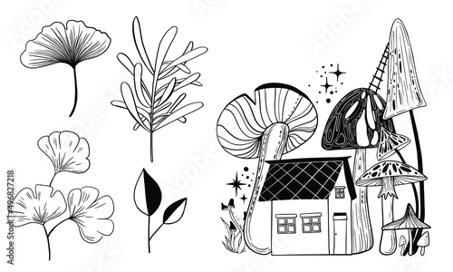 Vector line drawing. House with mushrooms. Coloring book with fairy town - houses on mushrooms. Vector illustration.