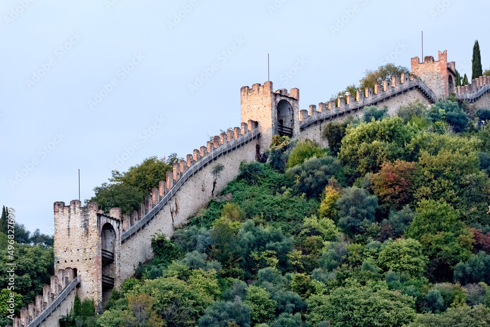 Towers and walls of the Scaliger castles of Marostica. Vicenza province, Veneto, Italy, Europe. 