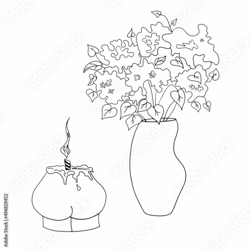 Candle and vase with lilac flowers. interior candle. Image for coloring book. Line art. Vector image isolated on white background.