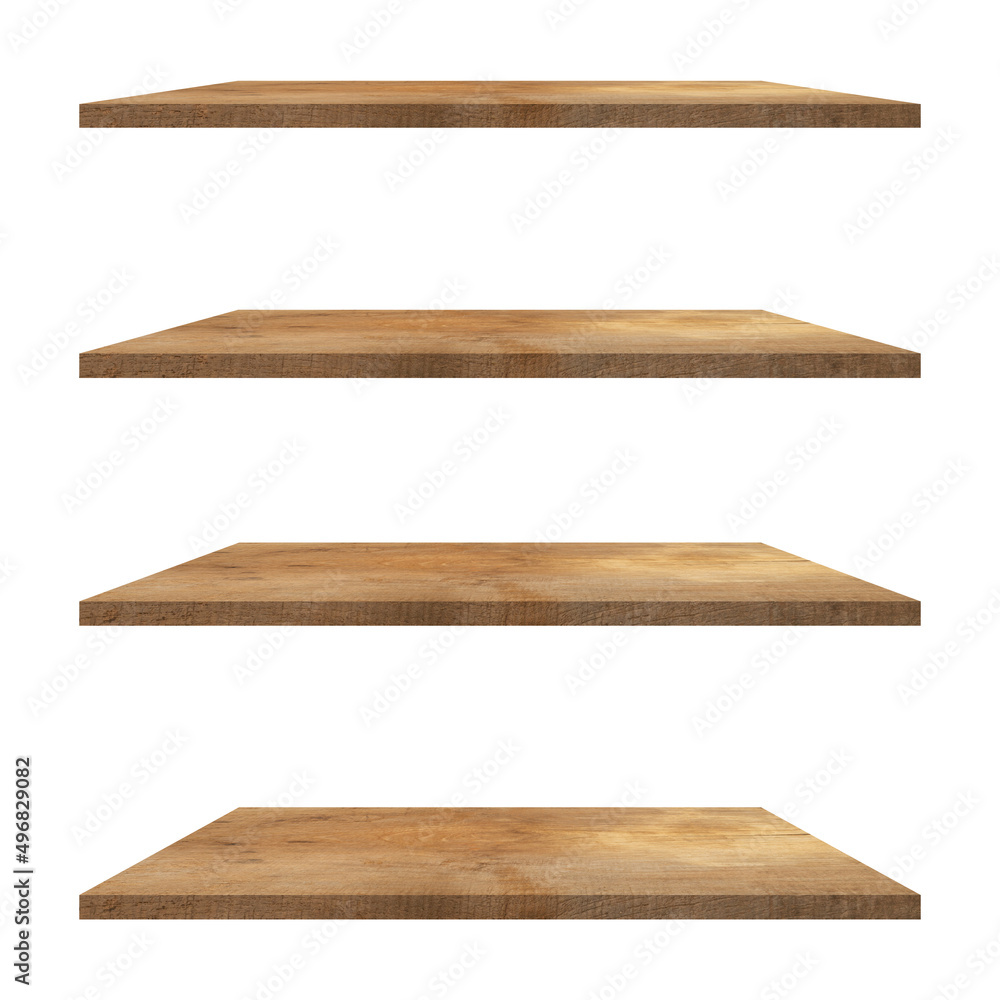 4 old wood shelves table isolated on white background and display montage for product. 4 old wood shelves table isolated on white background and display montage for product.