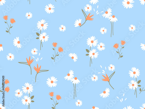 Seamless pattern with daisies, branches and tropical flower on blue background vector.