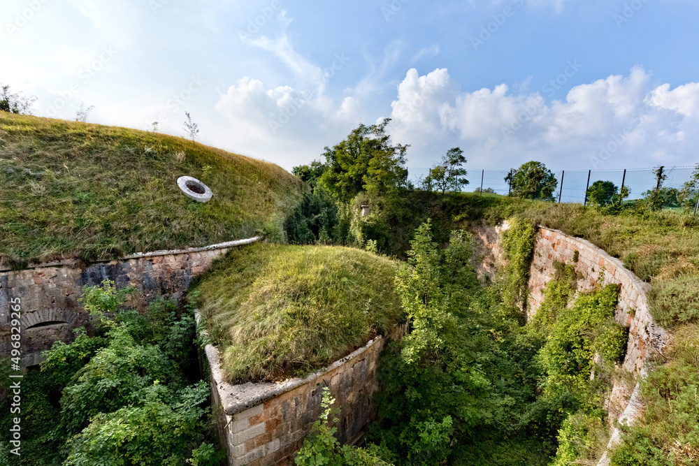 The perimeter walls and the deep moat of Fort Masua. Fumane, Lessinia, Verona province, Veneto, Italy, Europe.  