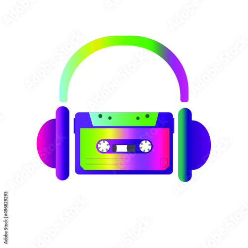 Vector image.
Old audio cassette, headphones, color gradient.