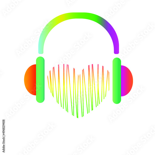Vector image.
 Headphones, sound track in the form of a heart. Color gradients.