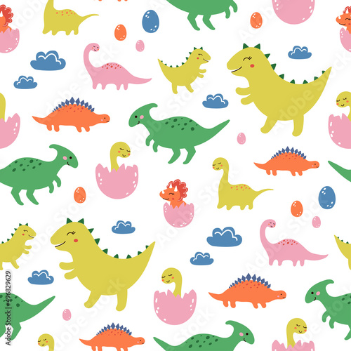 Fototapeta Naklejka Na Ścianę i Meble -  Doodle dinosaur pattern. Childish seamless print with cute little playful dinos, for kids textile, wrapping, wallpaper, apparel. Vector illustration