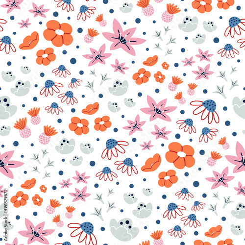 Cute summer floral pattern with pretty wild flowers blooming on a field. Vector print with abstract textured floral elements for textile or wrapping paper