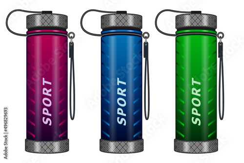 set sports water bottles realistic isolated white background