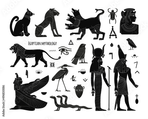 A set of Egyptian mythical animals and creatures, symbols. Black and white flat vector elements. Cerberus, lion, three-headed serpent, ancient gods of Egypt.