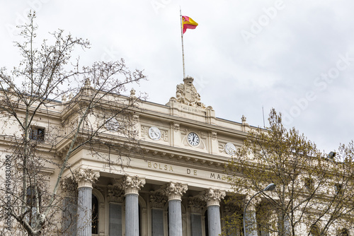 Facade of the Madrid Stock Exchange, Spain. Stock market, trade, investment, broker and tourism concept.