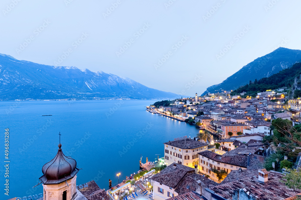 The town of Limone and Lake Garda. Brescia province, Lombardy, Italy, Europe.