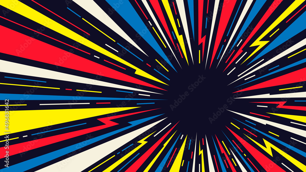 Naklejka premium Radial speed lines background for comic books. Color rays of explosion. Speed motion in hyperspace tunnel. Abstract comic wallpaper for media advertising.