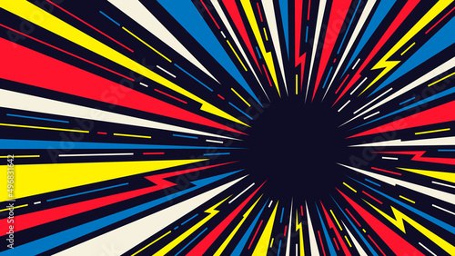 Radial speed lines background for comic books. Color rays of explosion. Speed motion in hyperspace tunnel. Abstract comic wallpaper for media advertising.