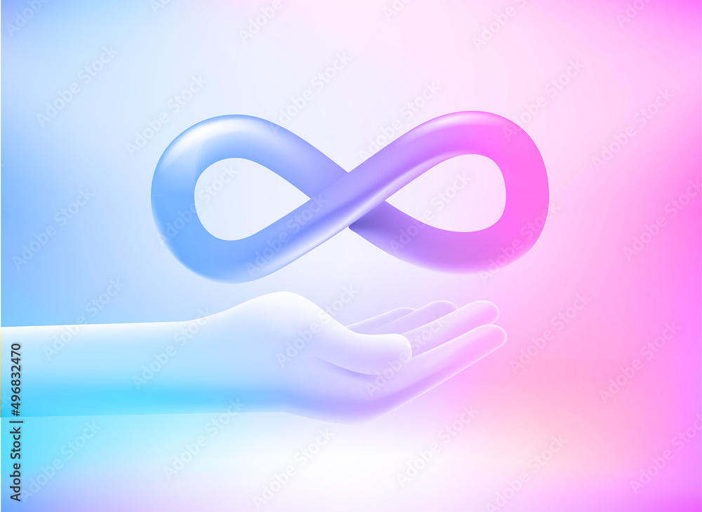 Human hand get an Infinity sign. 3d vector illustration with holographic effect Human hand get an Infinity sign. 3d vector illustration with holographic effect