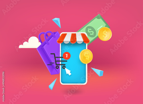 Modern smartphone with sonline shopping app. Internet business concept. 3d vector illustration