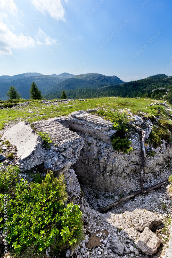 The Italian stronghold of the Great War at Mount Lozze. Today it is part of the monumental area of mount Ortigara. Asiago plateau, Vicenza province, Veneto, Italy, Europe.