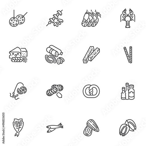 Beer snacks line icons set