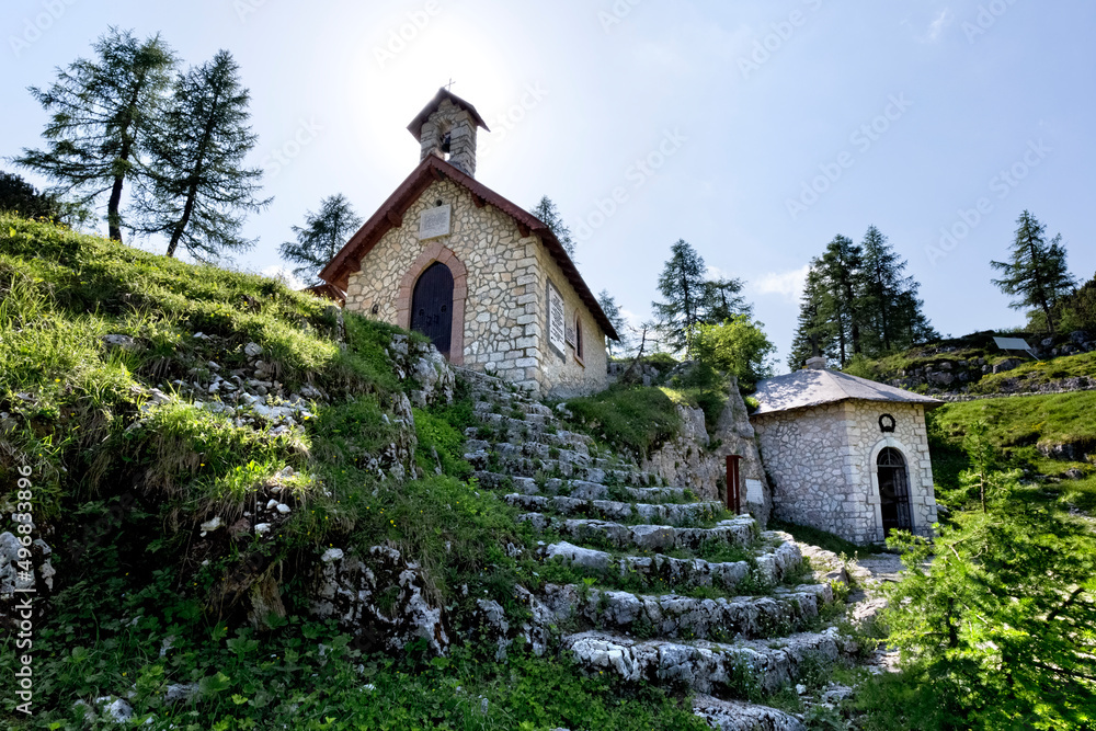 The church of Mount Lozze and the ossuary in memory of the battle of Mount Ortigara. 