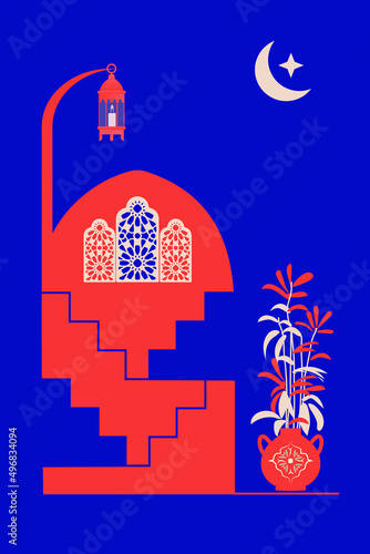 Creative minimalist abstracts. House or mosque facade, candle lamp, stairs, indoor plants. Vector illustration