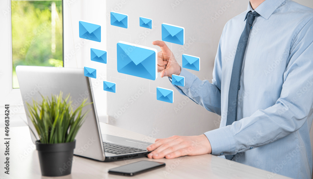 Email marketing and newsletter concept.Contact us by newsletter email and protect your personal information from spam mail concept.Scheme of direct sales in business. List of clients for mailing.