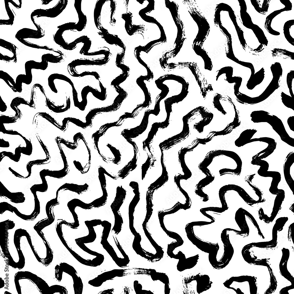 Black wavy organic rounded shapes pattern. Abstract background with bold curly brush strokes. Trendy modern organic shape doodle lines pattern. Stylish structure of natural cells. Messy doodles.