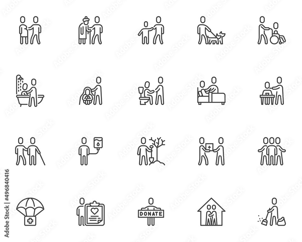 Volunteering service line icons set Volunteering service line icons set